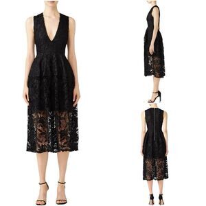 Nicholas Womens Midi Sheath Dress Black Sleeveless Plunge Neck Lace Lined LBD 6